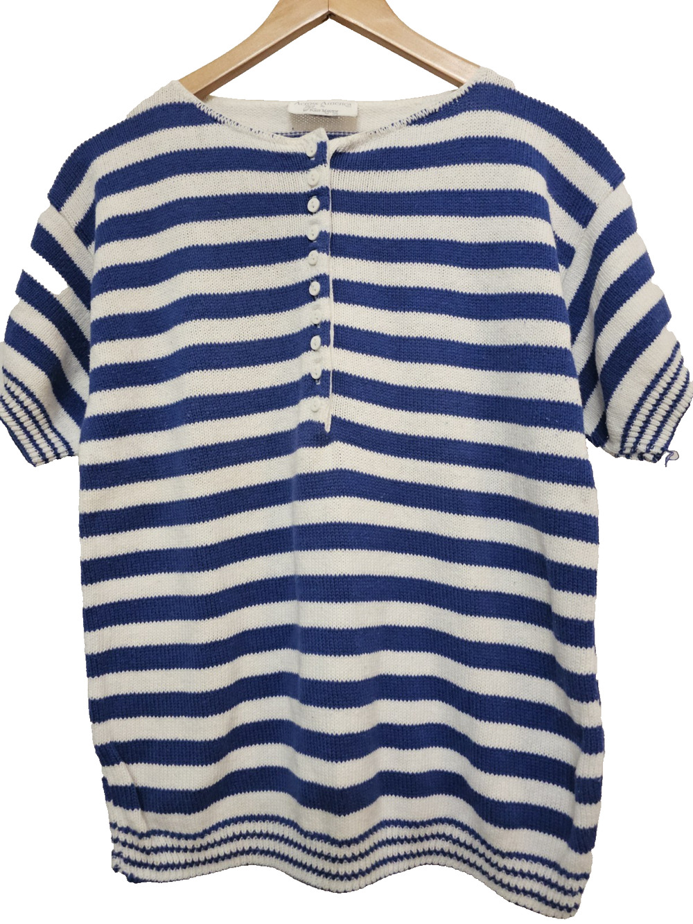 Vtg Womens Sweater 70s Knit M Blue Henley Mod Retro Indie Sleek Striped USA